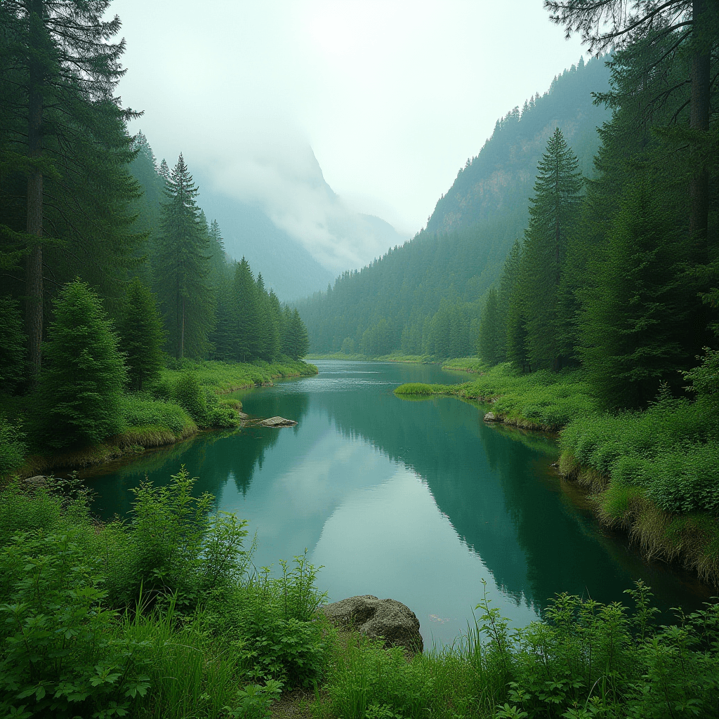 A tranquil mountain lake surrounded by lush evergreen forests under a misty sky.