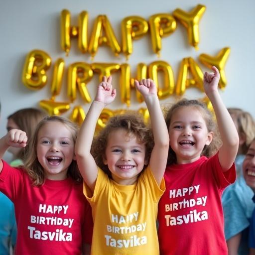 A group of little kids cheer with happiness while wishing a birthday. Shirts display 'Happy Birthday Tasvika'. Foil balloons spell out 'Happy Birthday Tasvika' in the background.