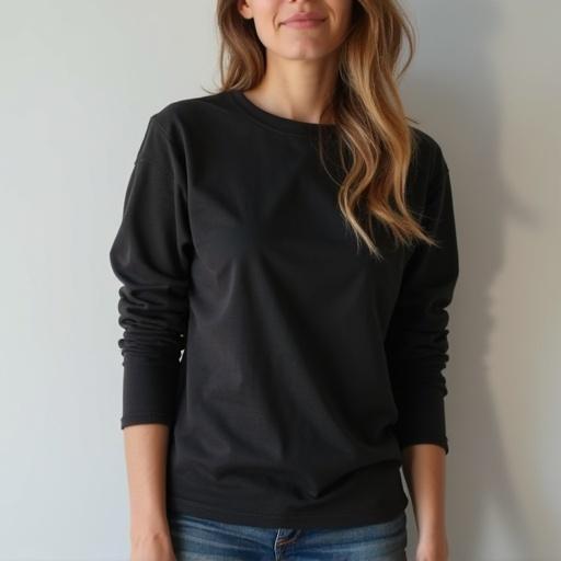 A woman stands confidently wearing a dark black Bella+Canvas Tri-blend Long Sleeve Shirt. The shirt is paired with casual denim jeans. The background is a light neutral color, creating contrast with the dark shirt. Hair styled naturally frames her face, and she smiles gently. Ideal setup for an apparel mockup or fashion display.
