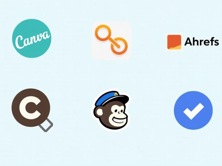 Screenshots or logos of popular digital tools including Canva, Ahrefs, Google Analytics, Mailchimp, ClickMeter arranged in a flat style on a light background.