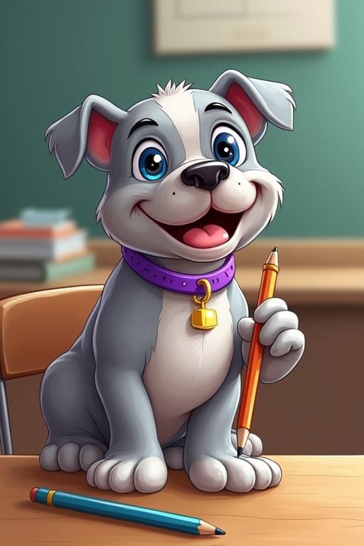 Cheerful cartoon airbrushed gray bulldog with a purple collar, sitting in a classroom desk, holding a pencil