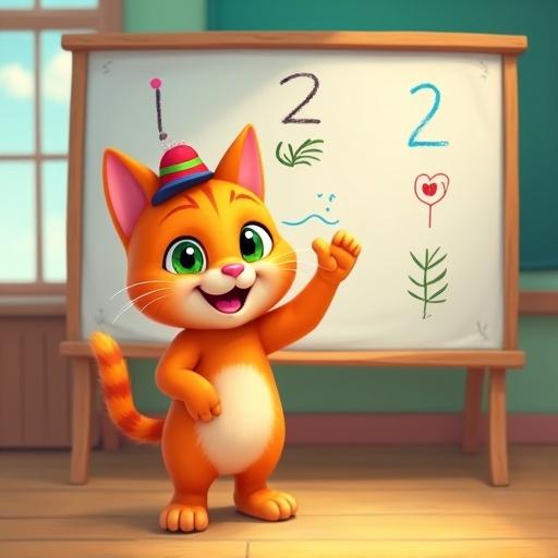 A colorful classroom with drawings. Mimi the cat waves her paw in front of a board. She wears a teacher's hat. The board displays Arabic numbers and plants. Mimi is friendly and enthusiastic.
