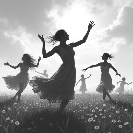 Artwork depicting a group of dancers in a field, black-and-white, emphasizing freedom and emotional expression. Setting conveys limitless possibilities.