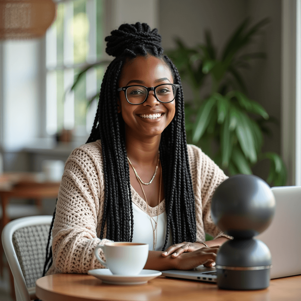 A smiling person with braided hair and glasses sits at a table with a laptop and a cup of coffee.