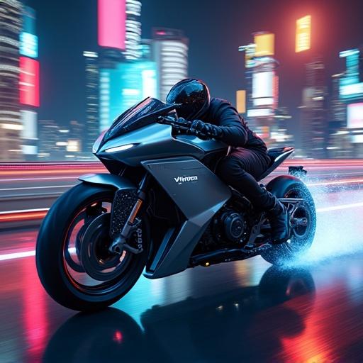 Futuristic electric motorcycle branded VOLT RYDER. Cutting through a neon-lit cityscape at night. Cyberpunk lighting. Bold typography overlay: The Future is Now Introducing the VOLT RYDER NX1. Dynamic camera angle with motion blur.