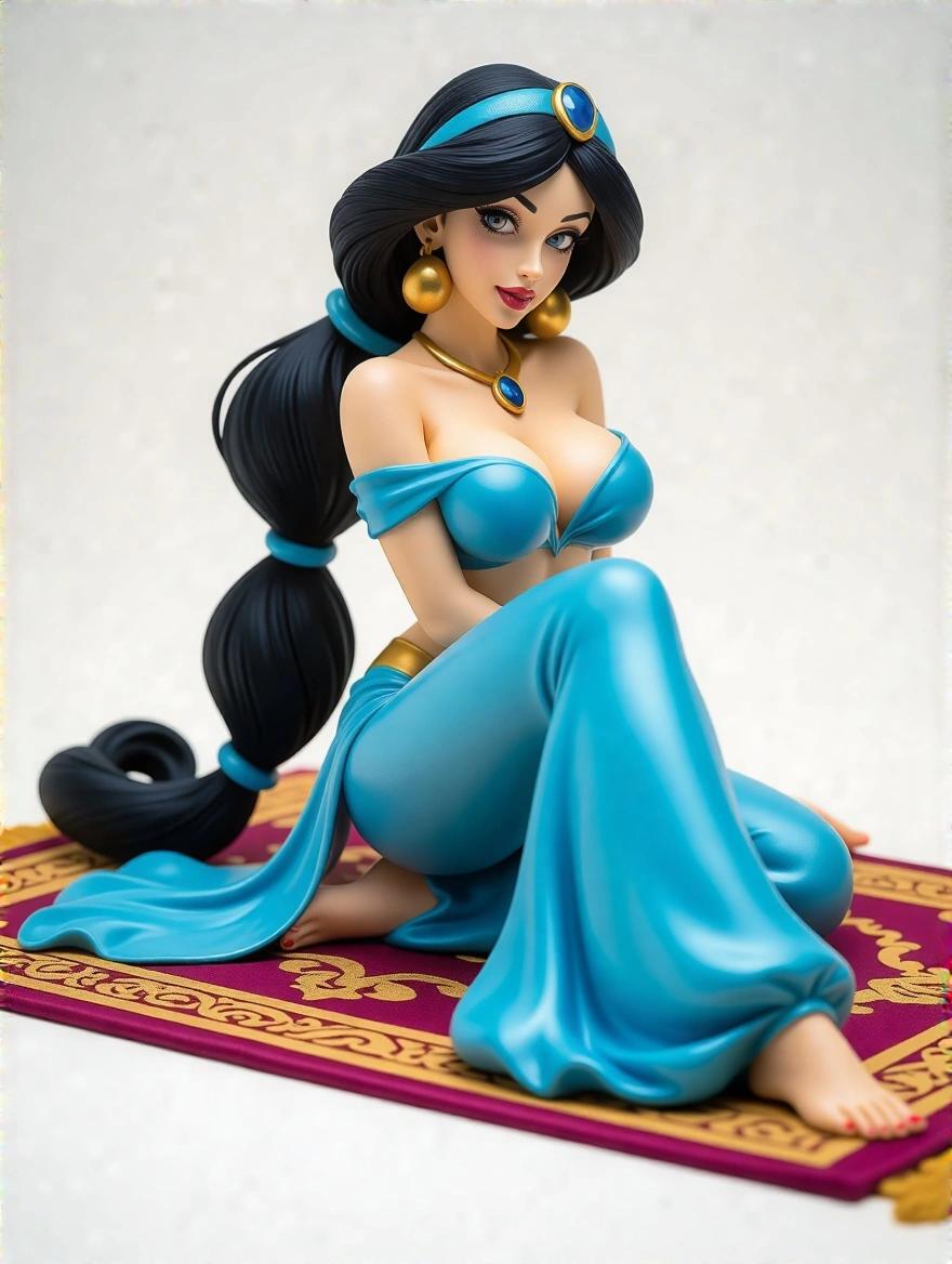 An ultra-detailed resin statue inspired by Princess Jasmine. The figure has a voluptuous silhouette. Her attire is a blue seductive ensemble with a sweetheart neckline and flowing pants. She sits on a richly designed rug. Long black hair styled in a ponytail. Confident expression with full lips and mesmerizing gaze. Realistic texture and glossy finish.