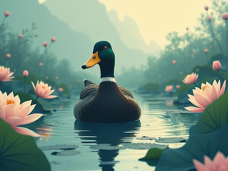 Stylized duck depicted in a lotus pond. The scene is minimalist and radiates elegance. The pond features blooming lotus flowers. It conveys a sense of mystery. The illustration style is smooth and artistic.