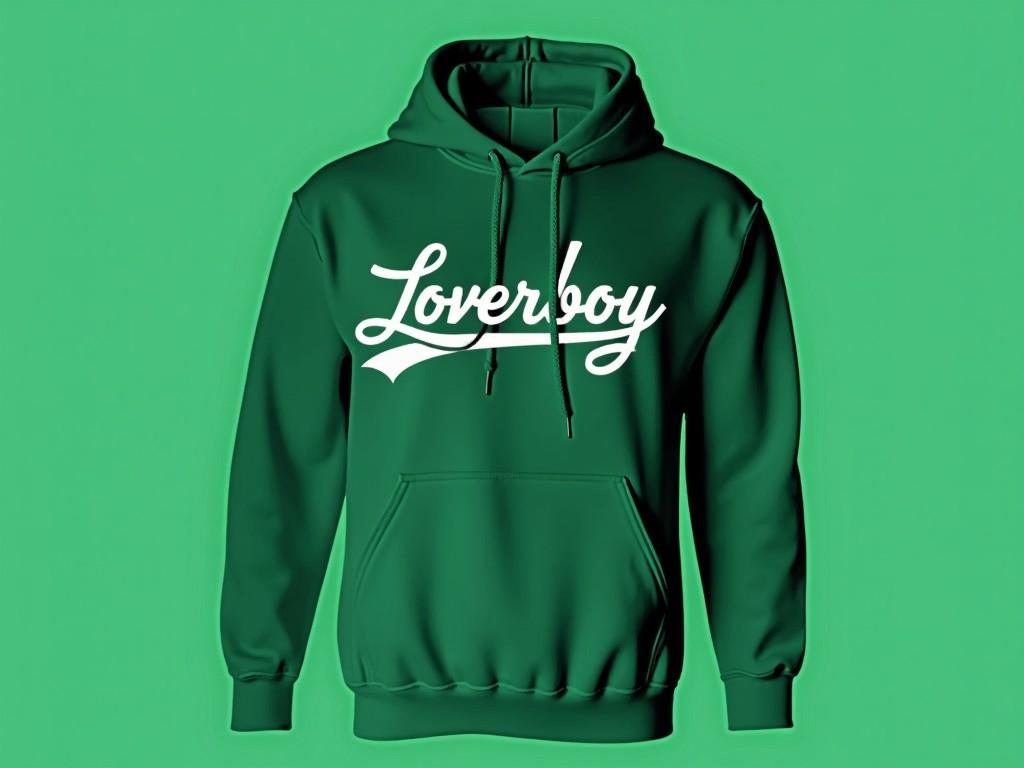 This image features a stylish green hoodie with the word 'Loverboy' written across the front in an elegant script font. The hoodie is set against a plain green background, emphasizing its vibrant color. The design showcases a modern and trendy aesthetic that appeals to a young audience. The script font adds a touch of sophistication, making it suitable for casual wear. This hoodie can be worn in various settings, from casual outings to relaxed gatherings.