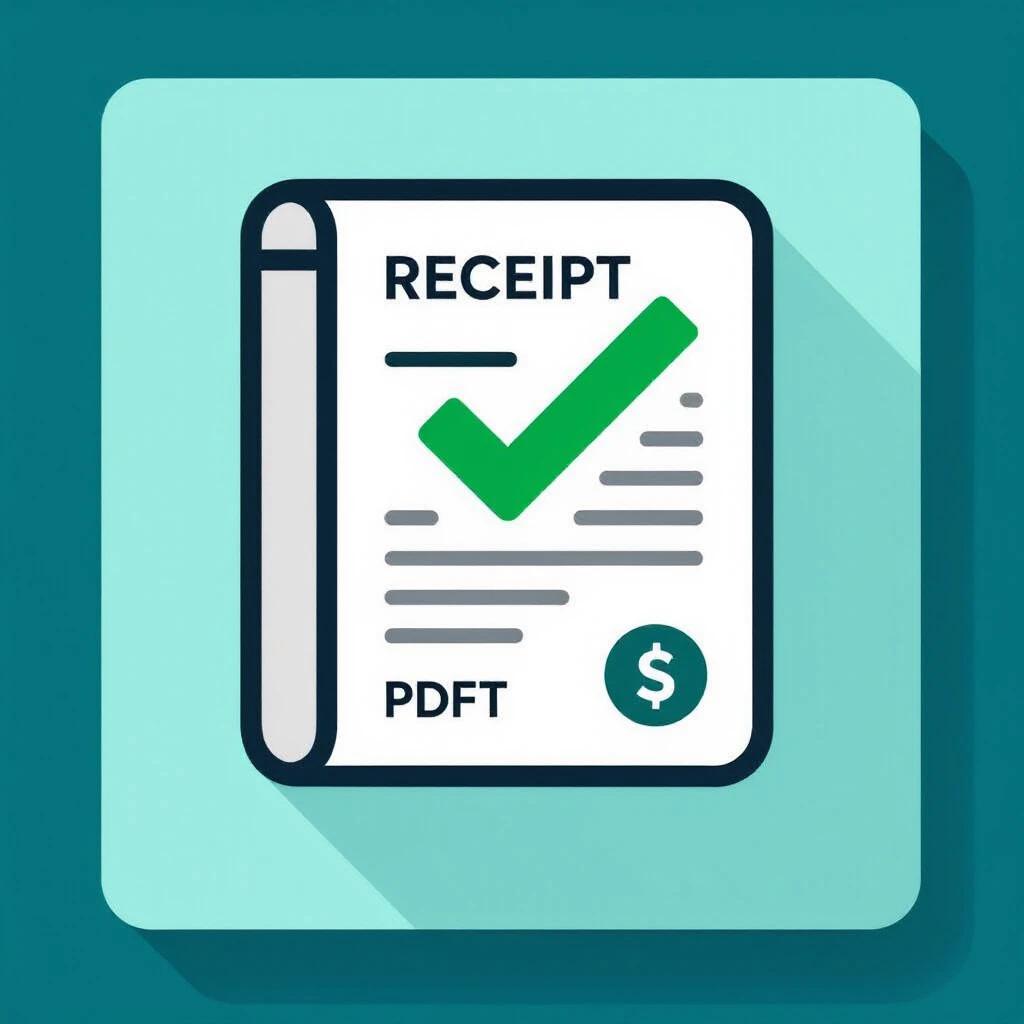 Minimal-style logo for a PDF receipt verification service. Features an open document icon. Dark teal color with a green checkmark. USDT symbol is visible in the bottom right. Includes bright and dark color contrasts. Clean and geometric shapes are preferred.