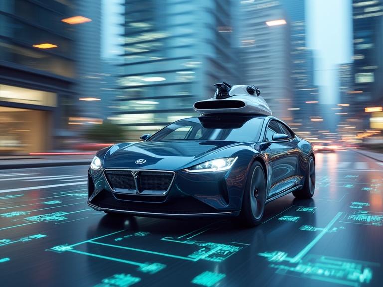 A sleek self-driving car navigates a smart city using LiDAR radar and AI-powered navigation. Digital maps are overlaid on the city streets.