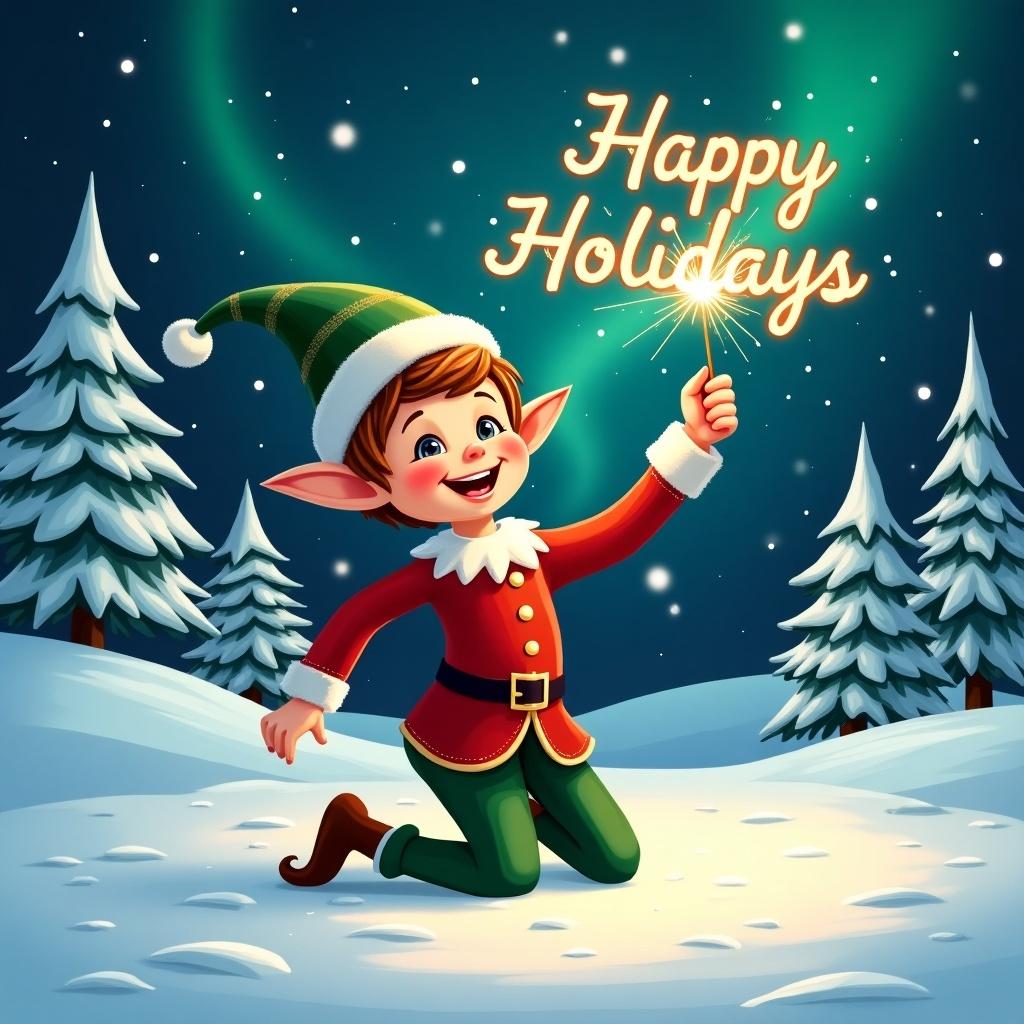 Cheerful elf in red and green kneeling in snow. Elf joyfully writes 'Happy Holidays' in sparkler light. Snow-covered trees in background. Night sky hints northern lights. Bright and colorful, whimsical style.