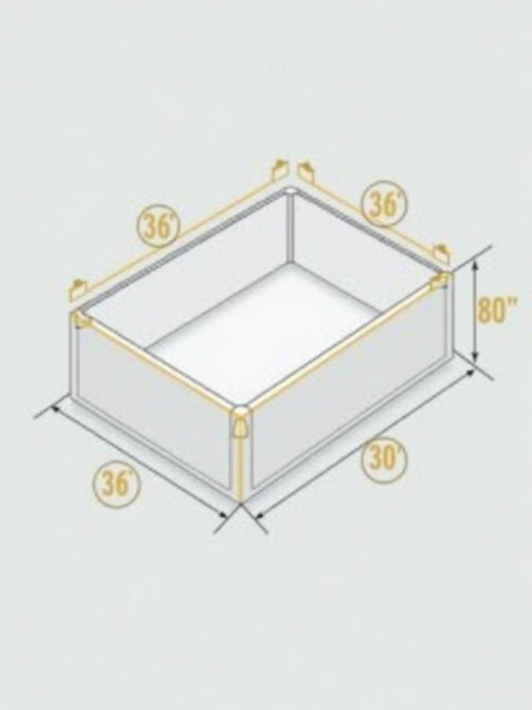 Illustration of rectangular box with dimensions. Box dimensions are given in inches. Length is 69.5 inches width is 36 inches height is 30 inches. The box's dimensions are highlighted in yellow. Isometric view shows the 3D perspective. Background is soft gray. Useful for engineering and architectural references.