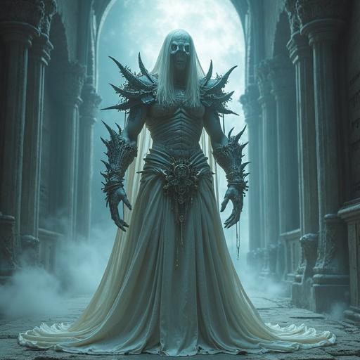 A towering humanoid figure with translucent skin. The figure wears a tattered grey robe and bone plates with glowing runes. Oversized rib-like bone pauldrons are on the shoulders. The figure has black gauntlets and greaves with dagger-like fingers. A segmented belt holds soul crystals shimmering with lights. The featureless mask glows with blue energy. He wields a coiling whip tipped with razor bone. The background shows a ruined cathedral and spectral fog flows around.