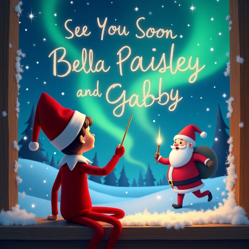 An illustration featuring an elf on the shelf with his back turned, facing the sky. The elf is joyfully using a wand to write in the night sky. In the background, a magical Christmas scene unfolds with vibrant northern lights. Next to the elf, Santa Claus is seen, adding to the festive atmosphere. The words 'See You Soon Bella Paisley and Gabby' are elegantly written in the sky, created with the magic wand. Snow blankets the ground, enhancing the holiday spirit, making this an ideal image for celebrating Christmas joy and anticipation.