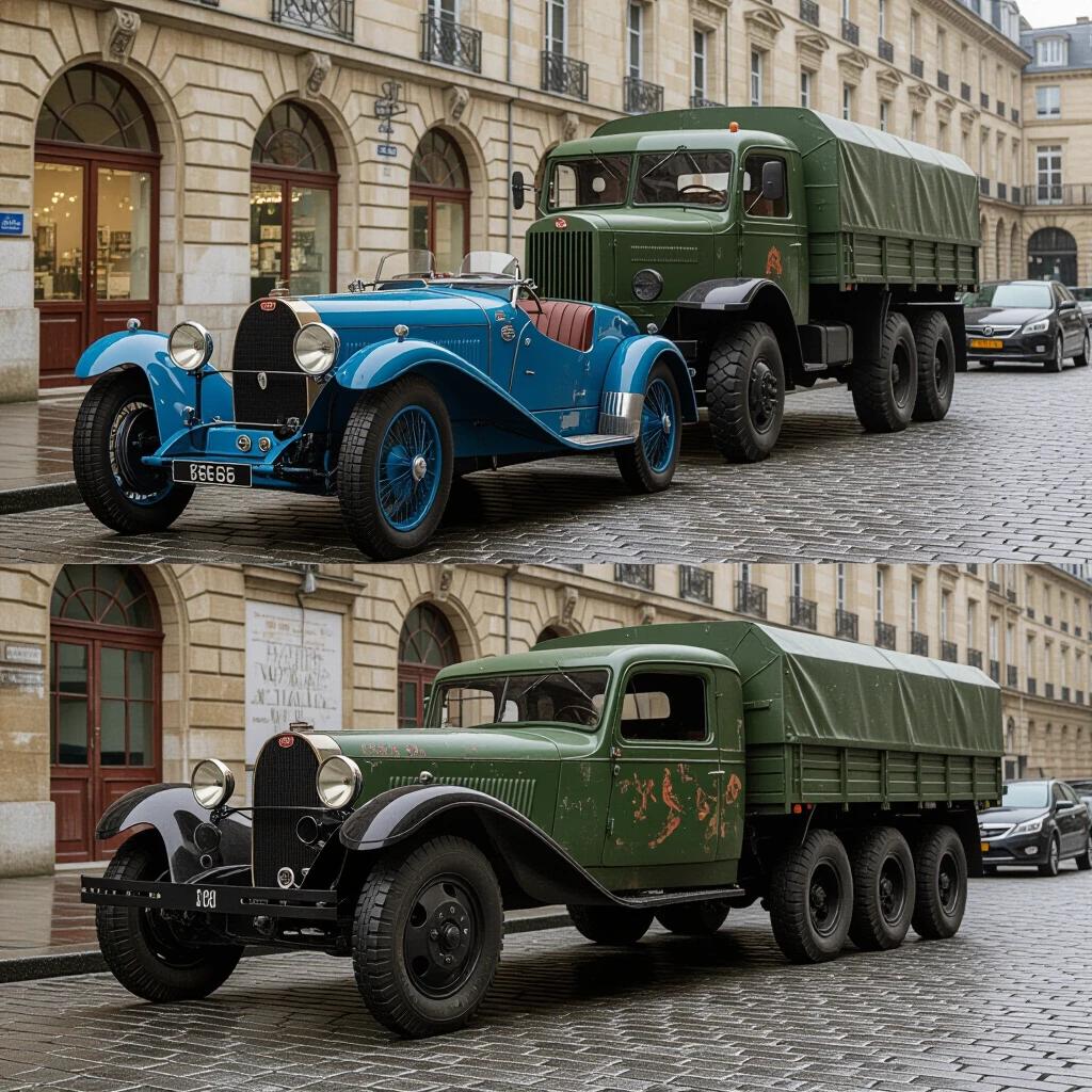 Photorealistic scene of vintage cars on rain-slicked cobblestones. Left side shows a pristine 1924 Bugatti Type 35 in French Racing Blue parked curbside. Right side features a massive Soviet 6x6 Military Truck with rust and peeling paint. Emphasizes size contrast. Low-angle shot captures fog at twilight. Sodium-vapor lamps illuminate the scene. Slightly-visible military driver in truck. Details like Bugatti's chrome wheels and truck's mud-caked tires.