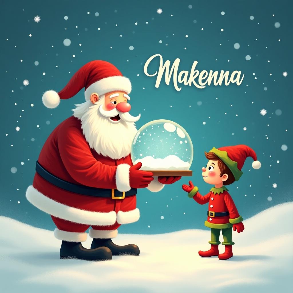 Santa Claus holds a snow globe. An elf admires the snow globe. Snowy background surrounds them. The name Makenna appears in the sky.