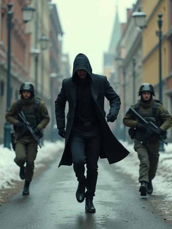 Photorealistic image depicting an unarmed assassin in a black coat running away from two soldiers in modern Moscow streets. Soldiers are equipped and in pursuit. Winter atmosphere prevails with snow on the ground.