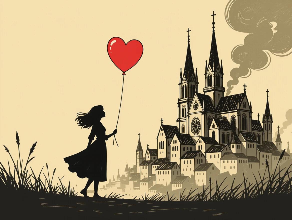A woman walks alone holding a red heart shaped balloon. Behind her is a gothic cathedral and a village. The background is muted beige. The woman is a silhouette with long flowing hair and a dress. The artwork is in a sketchy Disney concept style influenced by Dan Mora. The overall scene has a high contrast and rich textures with emotional depth.