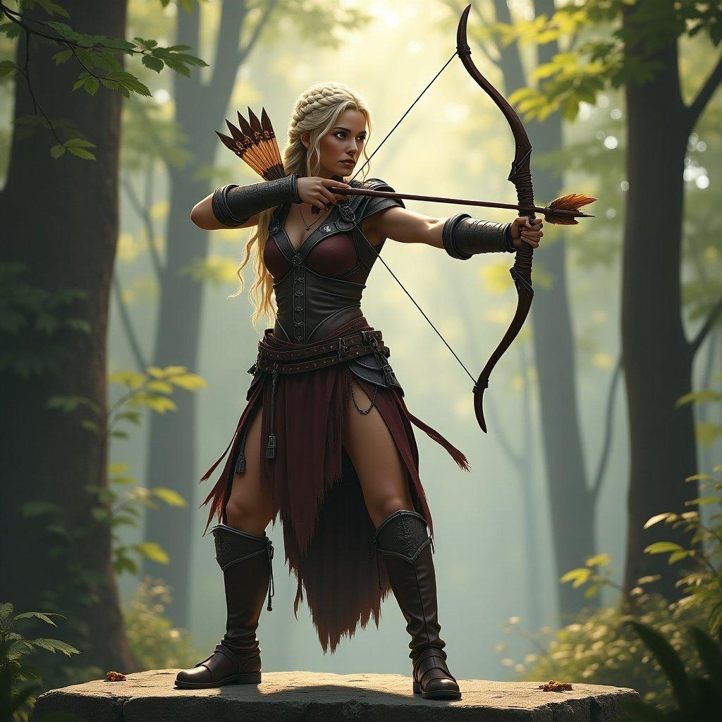 Female warrior standing on stone slab. Light forest setting. Poised to shoot arrow. Braided blonde hair. Wearing medieval-inspired leather armor. Armor highlights strong physique. Holding a traditional bow. Arrow adorned with hawk feathers. Tall trees in background.