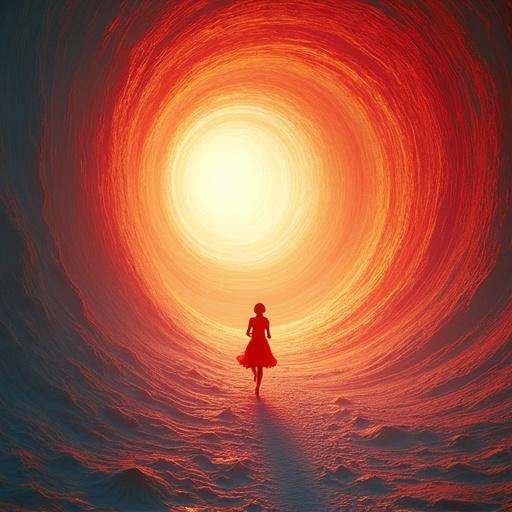 Camera rises tracking a figure in red dress running through a surreal landscape. Textured swirls of red, orange, blue ripple as figure moves. Camera tilts upward following gaze towards glowing light. Colors intensify with red and orange flaring, blue shadowing. Figured runs toward brightness. Camera pushes forward keeping figure lower while light expands above. Glowing vortex pulses as figure approaches, light cascades in warm waves.