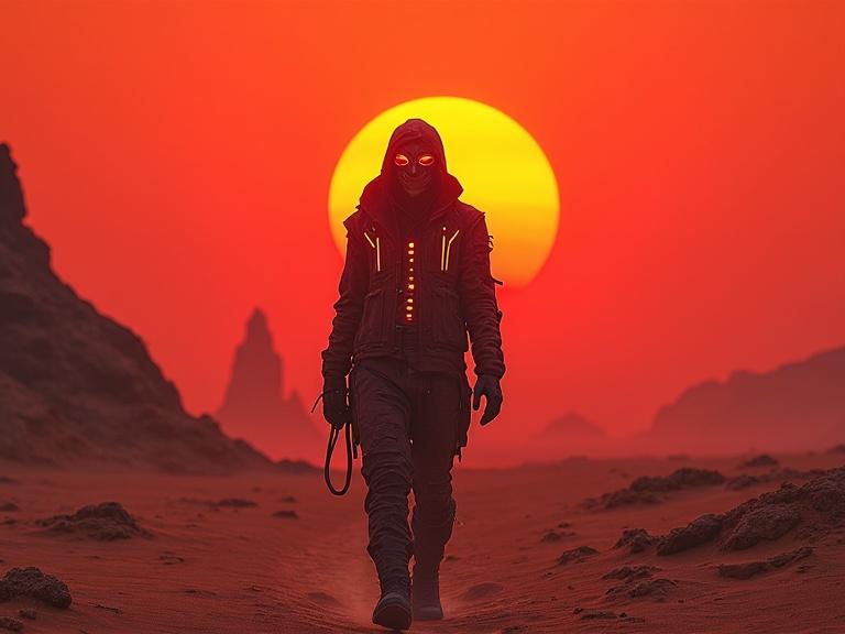 A lone wanderer traverses a desolate alien desert. The sky is crimson. The wanderer wears tattered high-tech garments with glowing neon accents. Their face is obscured by a mask. Otherworldly energy crackles in the air. Strange rock formations are visible in the background. The scene has a gritty cinematic style resembling Blade Runner 2049. The color palette includes deep reds, oranges, and blacks. The painting is hyper-detailed and designed with intricate concepts.