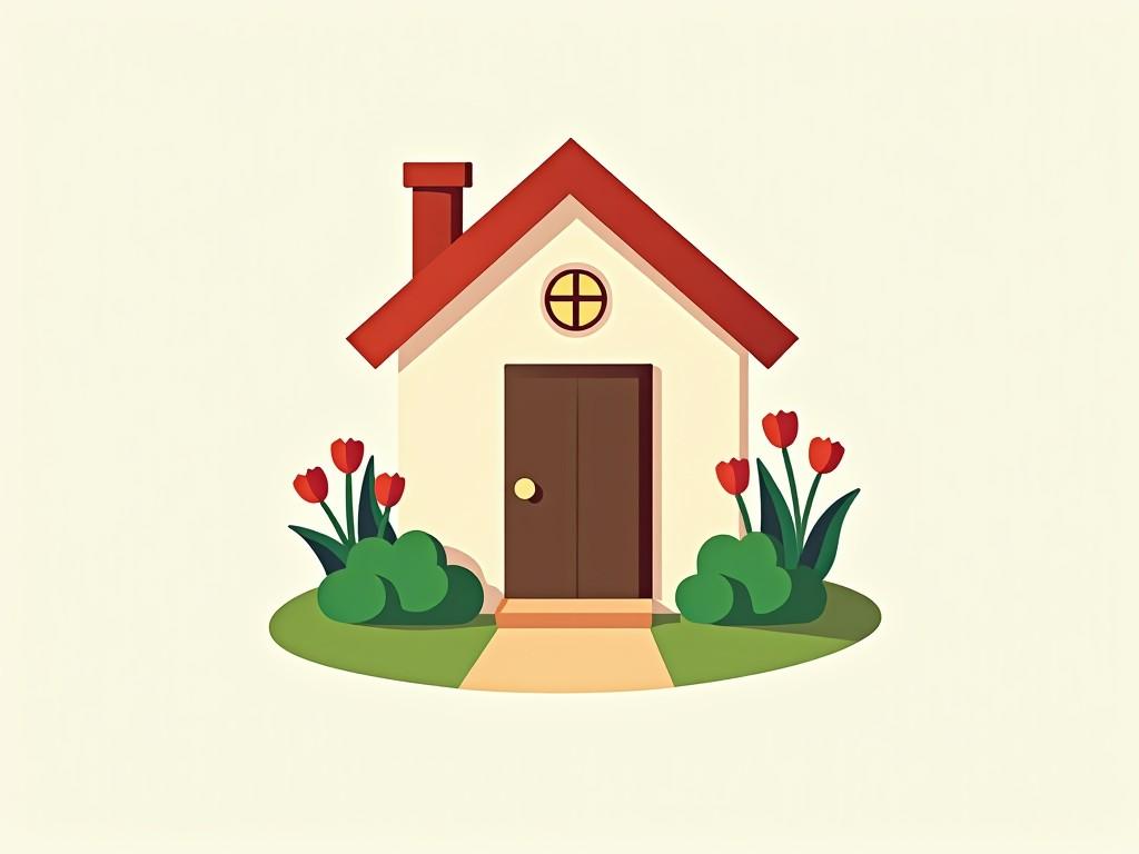 This image features a simple, cartoon-style drawing of a house with a red roof and a brown door. Surrounding the house are vibrant green bushes and red tulips that add a touch of color. The setting is quite charming and welcoming, suitable for children’s books or educational materials. The path leading to the door creates a sense of warmth and accessibility. The overall composition feels cheerful and inviting, perfect for themes related to home and nature.