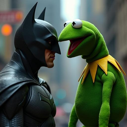 Batman stands facing Kermit the Frog in a city setting. Both characters engage in a playful standoff.