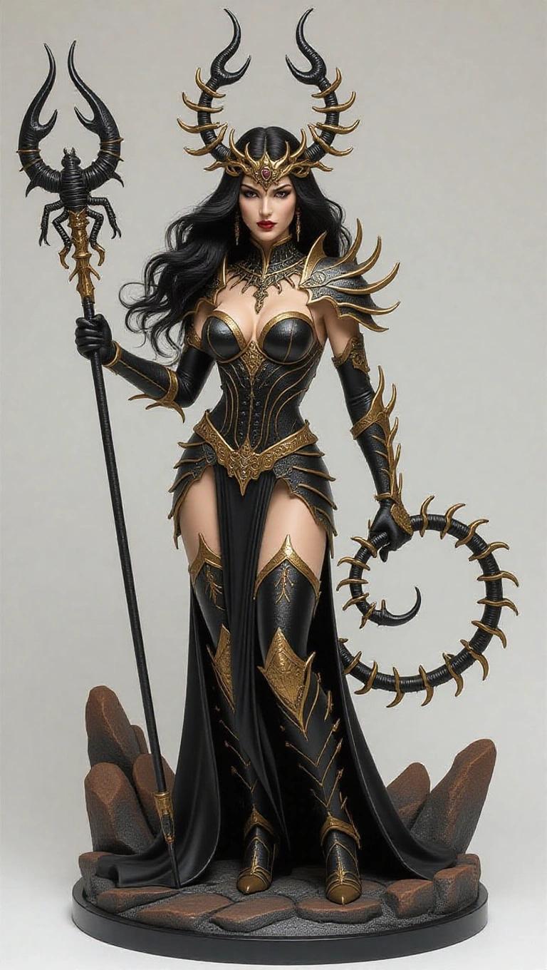 Resin sculpture of a goddess inspired by Scorpio. Human and stylized body. Sensual and evil appearance. Fair skin and long black hair. Sharp crown resembling a stinger. Black armor with gold scorpion symbols. Aggressive pose with a curved weapon. Rocky base with a dark atmosphere.