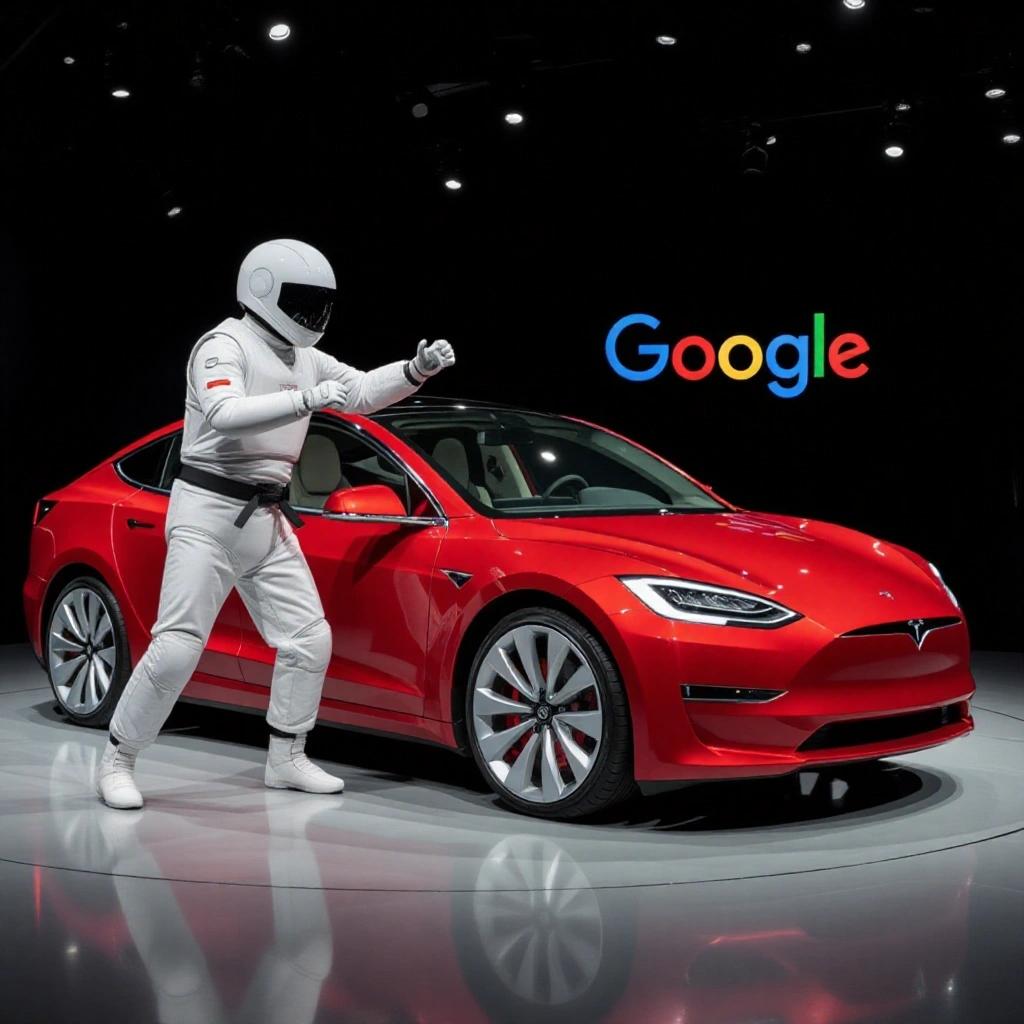 A Tesla car positioned in a studio setting alongside an astronaut figure. Background features Google logo. Bright lighting highlights car and character.
