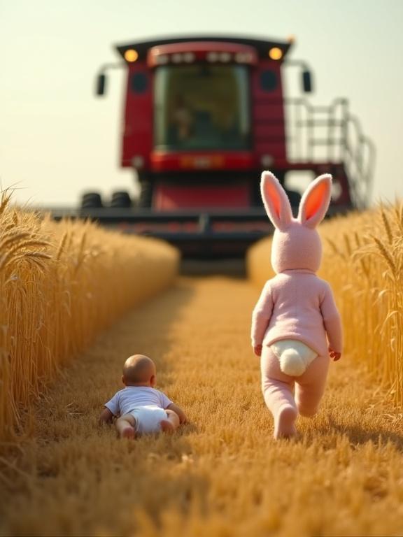 A large red combine harvester is seen moving in a golden wheat field. A baby lies on the ground in a white onesie. A human-sized pink rabbit walks toward the baby. The scene has warm sunlight and contrasting elements of innocence and tension.