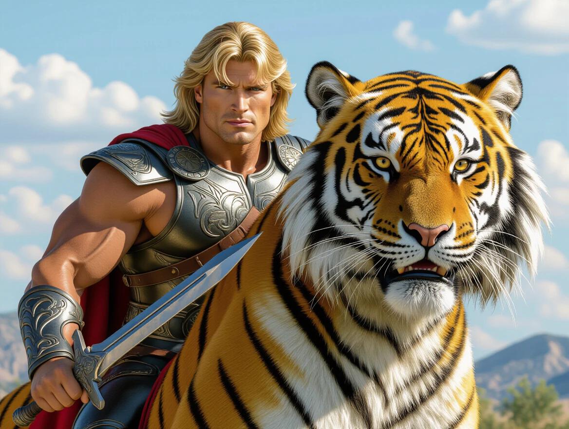 He-Man character inspired by Dolph Lundgren. Young male warrior armed with sword. Riding a majestic tiger. Heroic stance. Action movie poster style.