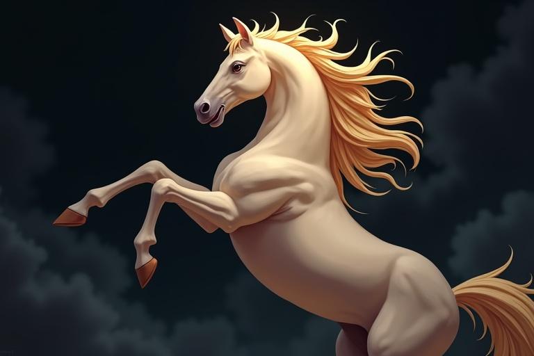 Majestic palomino horse rearing up against a dark swirling background.