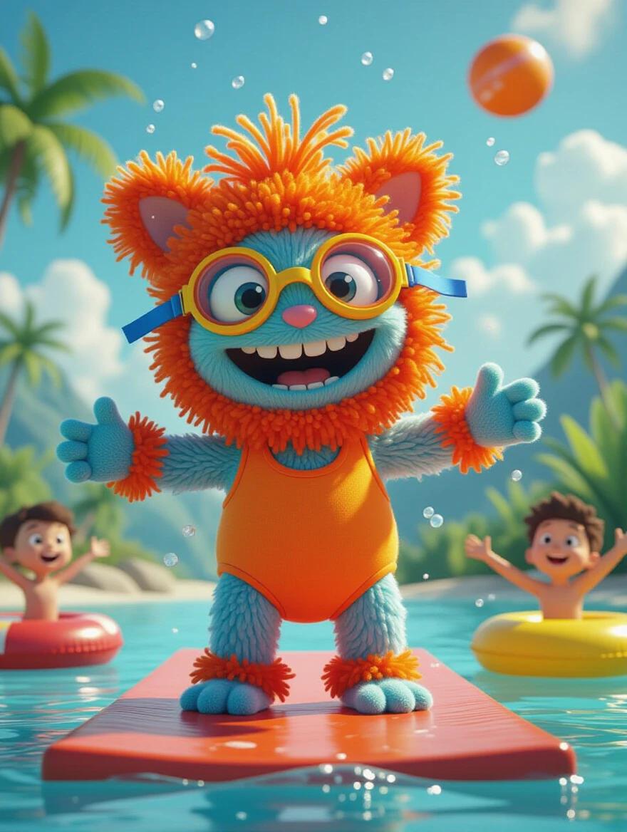 Adorable 3d monster crafted from fluffy vibrant yarn pom poms with joyful expression in bright orange swimsuit and colorful swim goggles. Standing on a diving board surrounded by splashing kids and inflatables. Vibrant style scene with detailed textures and dynamic lighting. Inspired by expressive character designs and whimsical storytelling.