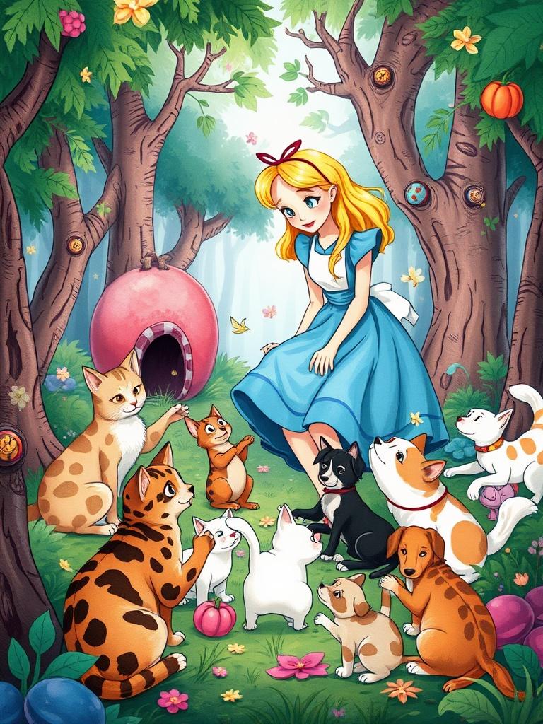 A whimsical illustration depicting a young girl with long blonde hair and a blue dress in a magical forest surrounded by a variety of cats and dogs, with a fairytale-like charm.