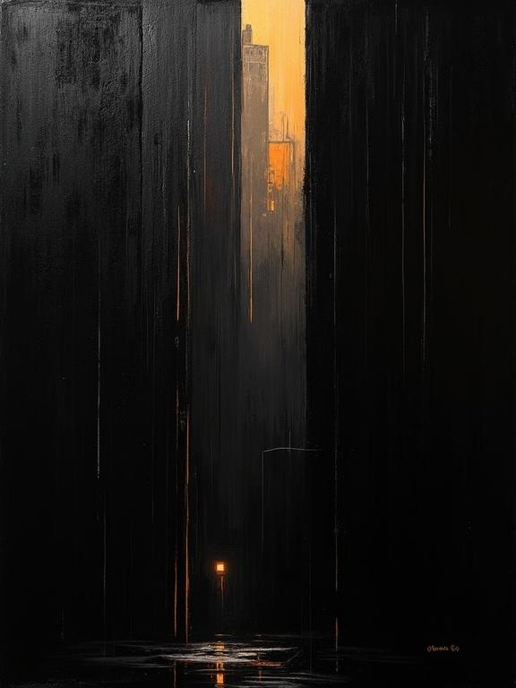 Digital oil painting featuring black background harsh strokes cubist unfinished elements flat colors dynamic silhouettes minimalist style showcasing voids shaped like hard rain shadows with cubist edges resembling film strips
