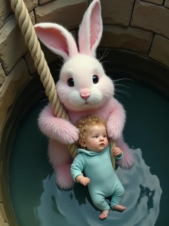 A large, human-sized pink rabbit stands in an old stone well. The rabbit pulls on a thick rope to lift itself out of the well. In its other paw, it securely holds a calm baby with curly blonde hair wearing a light blue onesie. The camera captures this moment from above as they ascend. The rabbit looks up, ensuring safe movement out of the water. The mood conveys a sense of rescue and care.
