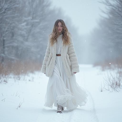 A woman walks gracefully through a snowy landscape wearing a flowing white dress and a cozy cardigan. Soft snow falls around her creating a tranquil winter scene.