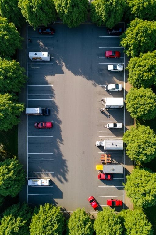 Aerial perspective of a parking lot. Food trucks are arranged in designated spaces. Surrounding area is filled with dense green trees. Scene is illuminated by bright sunlight.