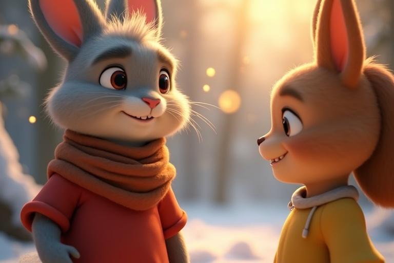3D close-up of two rabbit characters in a snowy forest. One rabbit has gray fur and wise eyes wearing a scarf. The other rabbit is in a red shirt with a determined expression. A warm golden glow surrounds them symbolizing destiny. Half-frozen forest sparkles in the background, ultra-detailed textures are present.