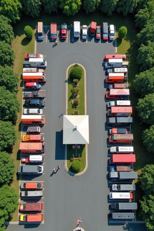 Aerial view of a trapezium parking lot with food trucks. Forty four food trucks parked vertically in defined spots. Defined spaces with a gazebo in the middle. Pedestrian scene nearby.