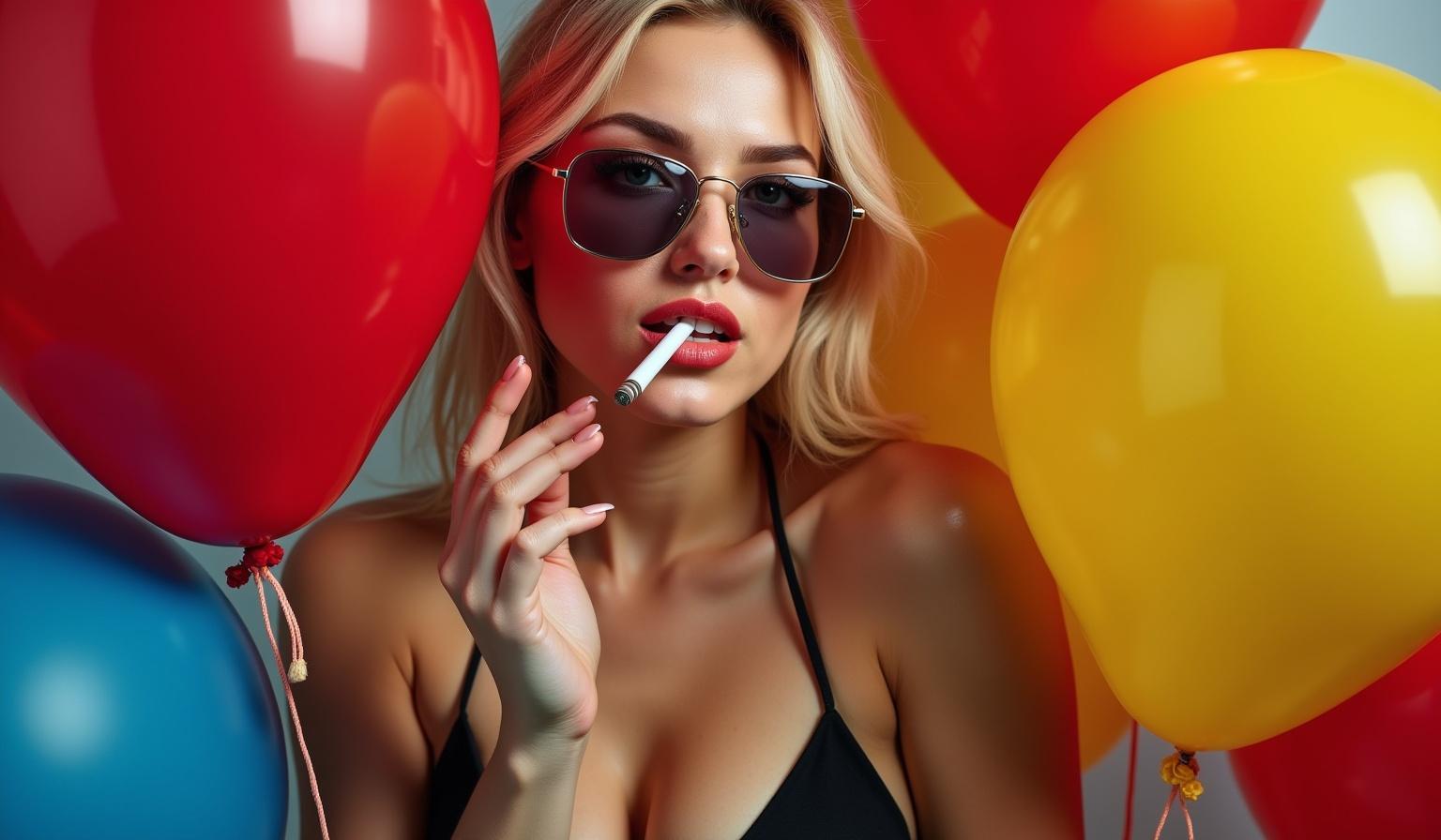Blonde model in a black bikini poses with a cigarette. Surrounded by large vibrant balloons in red, blue, and yellow. High detail and bright lighting creating a striking visual effect. Aesthetic composition emphasizes fun and celebration.