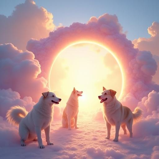 Scene depicting heavenly gates with glowing light. Light pink, lavender, light blue and white clouds fill the sky. Various sizes of beautiful dogs are walking on a gold street. A serene atmosphere is created with fluffy clouds.