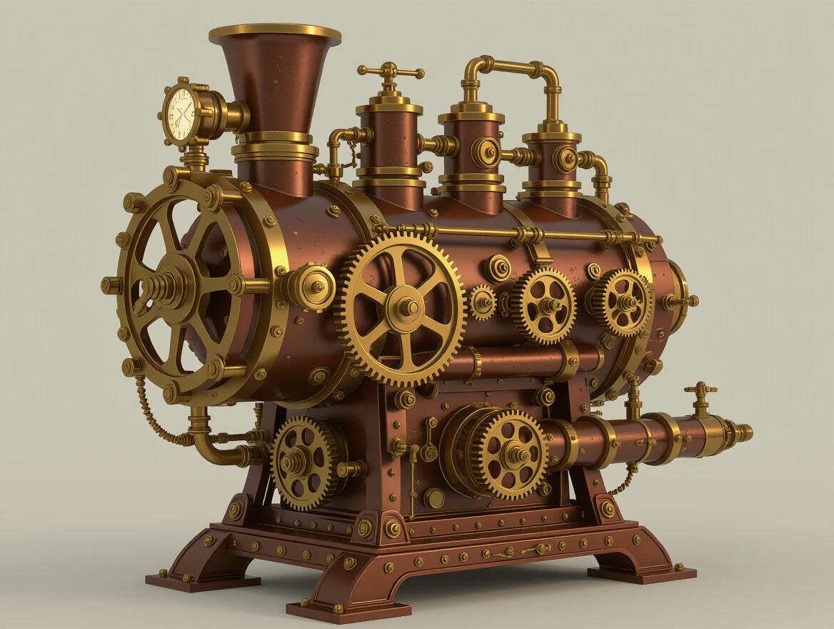 Create a detailed steampunk machine. Include intricate gears and pipes. Use brass finishes to enhance aesthetics. Focus on a mix of industrial and fantasy elements.