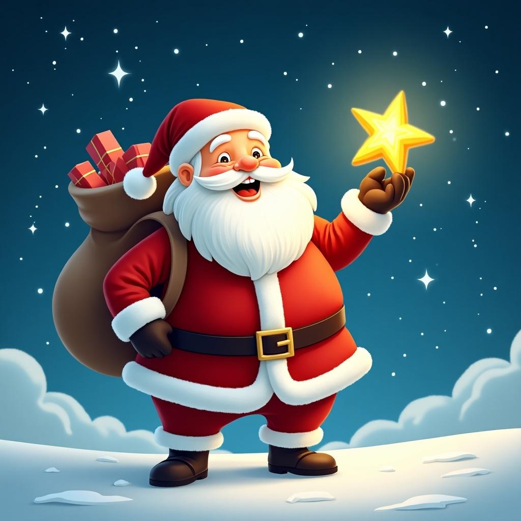 This image features a cheerful Santa Claus with a long white beard, wearing a traditional red suit with white trim. He is holding a sparkling star as if he is casting magic in the sky. Santa has a big smile and a bag of presents slung over his shoulder. The background is a beautiful night sky with twinkling stars and soft clouds, and the ground is covered in a layer of snow. The atmosphere is joyful and festive, perfect for the holiday season.