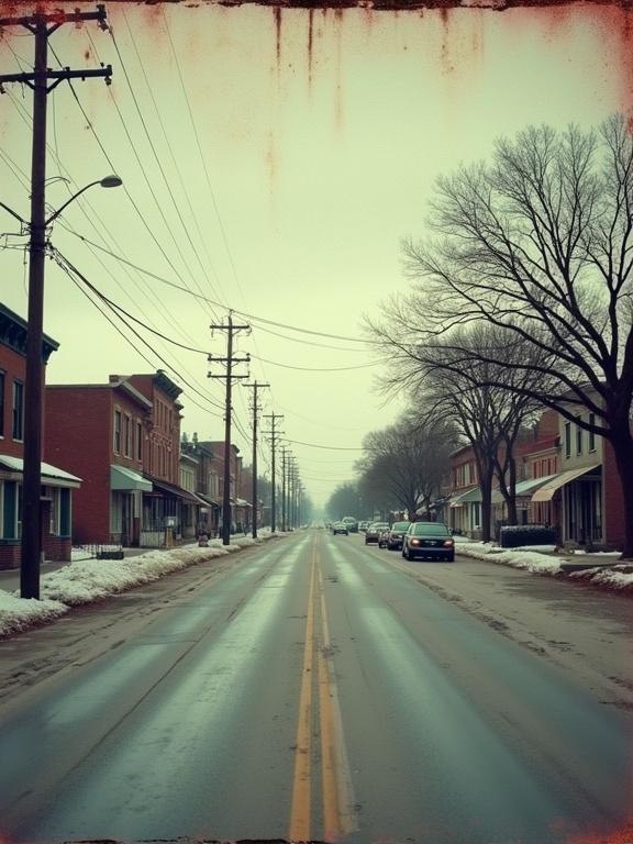 Illustration of a small midwest rural town in the 70s. Empty streets with an eerie feel. Aging and warping effects are visible. Glitches and chromatic aberrations add to the atmosphere.