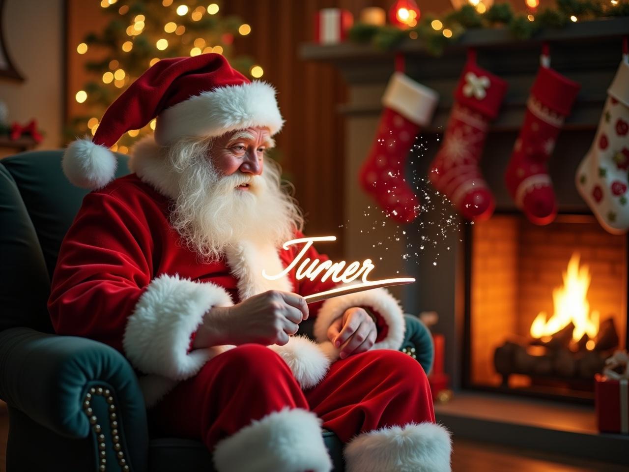 The scene depicts a magical Christmas Santa sitting in a cozy living room. He wears a traditional red suit with fluffy white trim, and he is immersed in writing the name 'Turner' using a glowing stick. Snowflakes gently fall around him, enhancing the enchanting atmosphere. The room is warm and inviting, illuminated by the glow of a fireplace, with beautifully decorated Christmas stockings hanging nearby. Soft golden lights from a tree twinkle in the background, creating a festive mood.