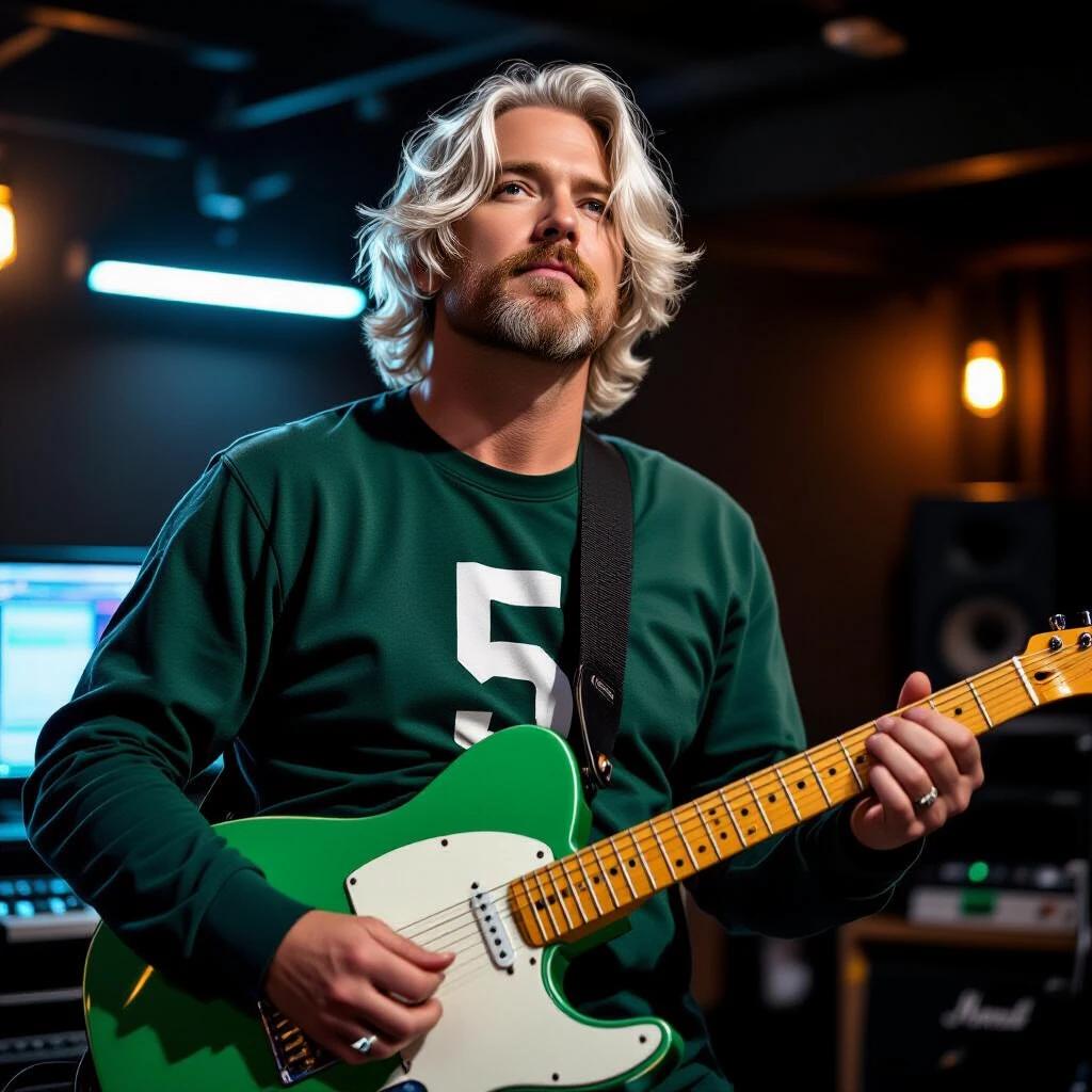 Guitarist holds a green Fender Telecaster. He looks up with platinum blond hair. Wears a dark green long sleeve shirt with number 5. Background features a high-tech studio.