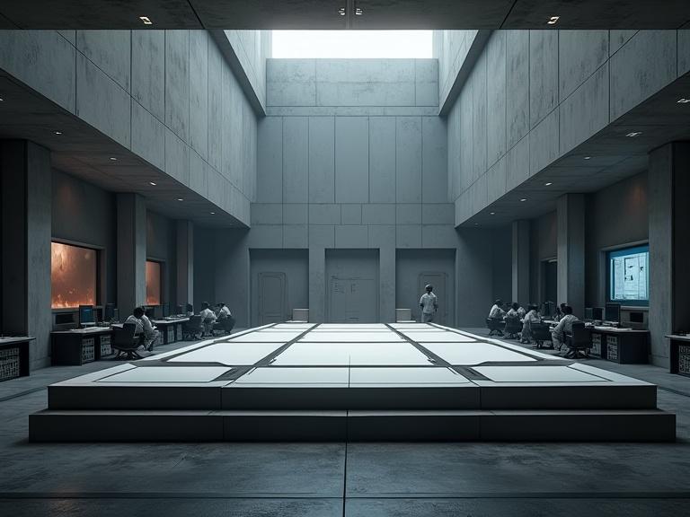 Interior of a futuristic command center. Dark grey concrete with a low ceiling. Central strategy table made of white bulky material. Monitors and screens on the walls. Military personnel in grey uniforms walking and sitting. Dim spot lighting from above with shadows a lot of detail.