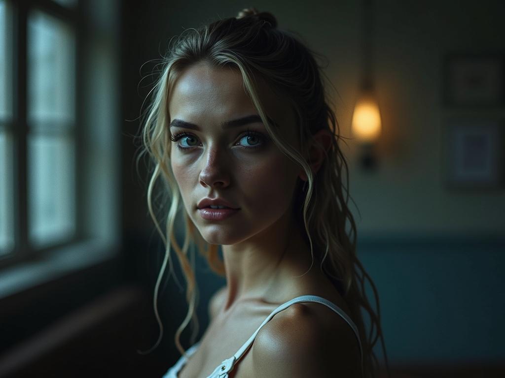 Portrait of a young woman with long hair in a softly lit room. She gazes thoughtfully at the camera. Warm ambient light highlights her features. The background is blurred to focus on her expressive face.
