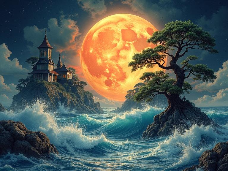 Surreal landscape with a large glowing moon. Features Victorian villages and bonsai trees. Ocean waves crashing around them. Inspired by Sumi-e painting style. Hyperdetailed design with intricate elements.
